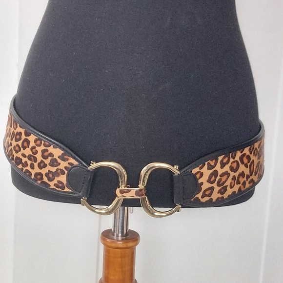 Chico's Leopard Print Calf Hair and Elastic Wide Belt LaegeGold Hardware Closure - Picture 2 of 12